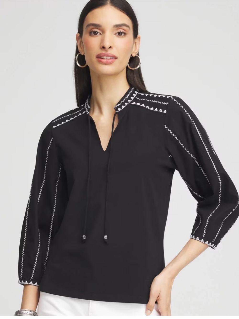 Chicos Black Embroidered Peasant Blouse with Tie Neck and Lantern sleeves